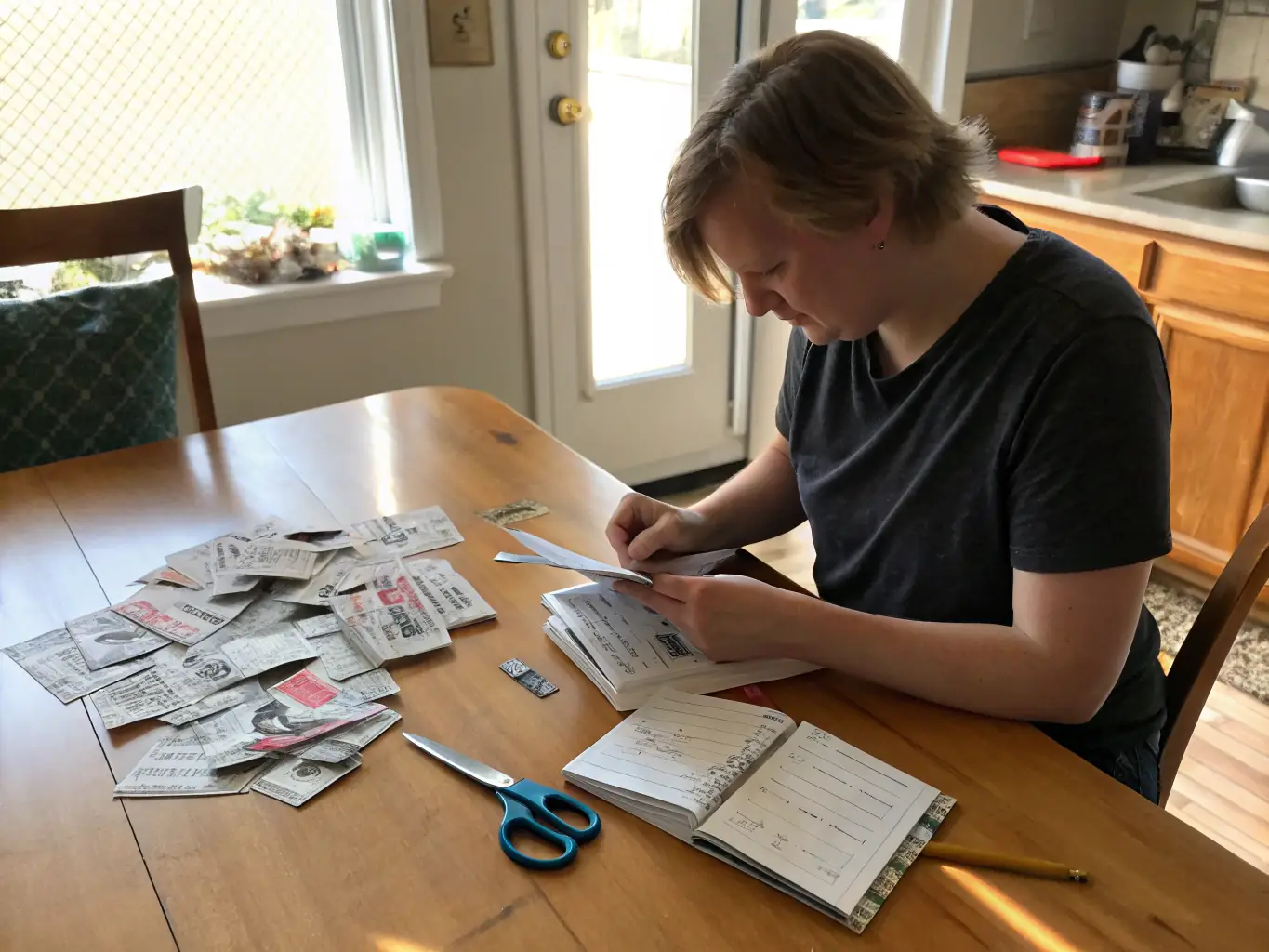A person organizing and clipping coupons at home, showcasing the preparation involved in effective couponing.