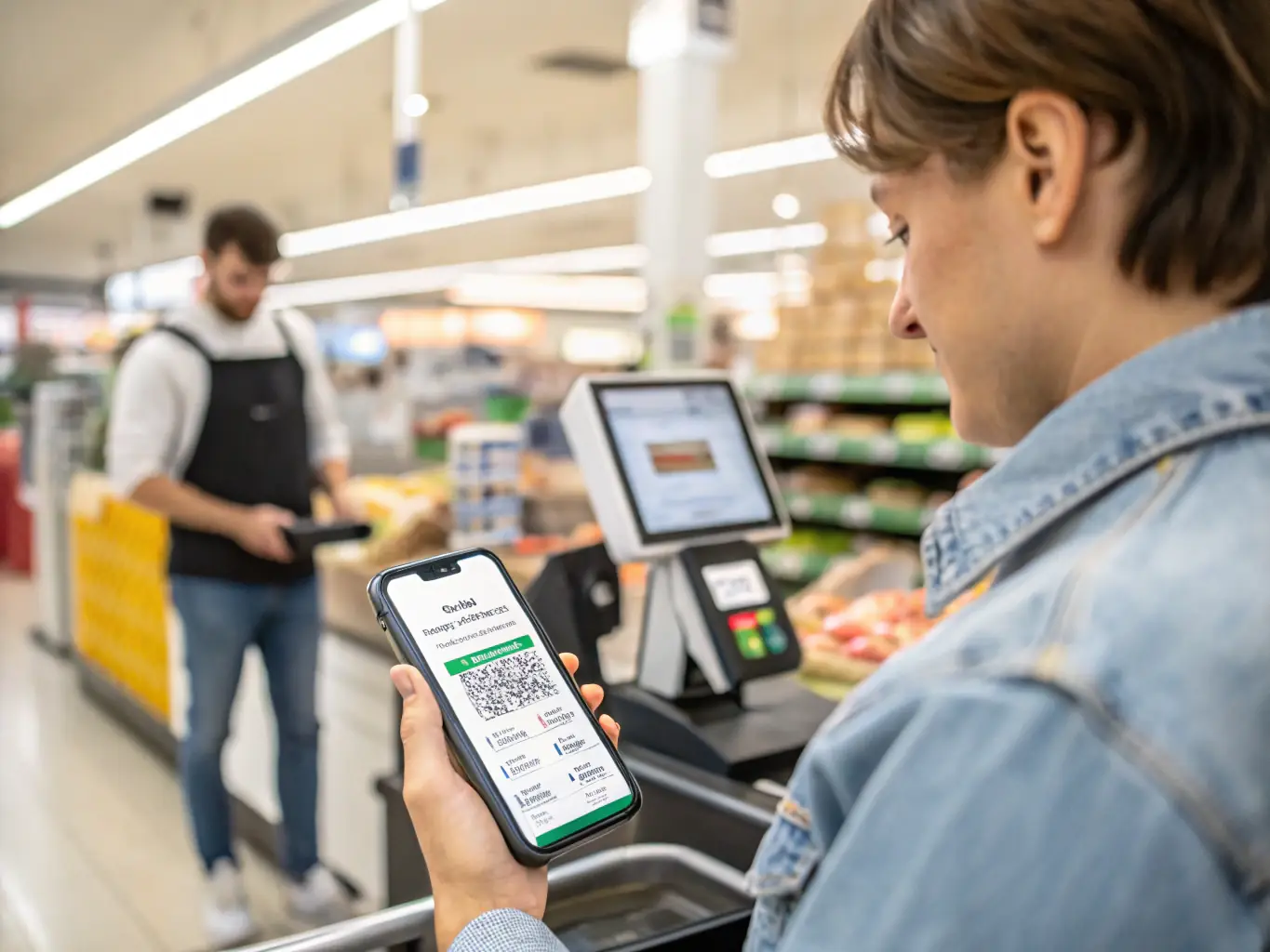 A person using a smartphone to scan a coupon at a grocery store checkout, with a focus on the savings achieved.