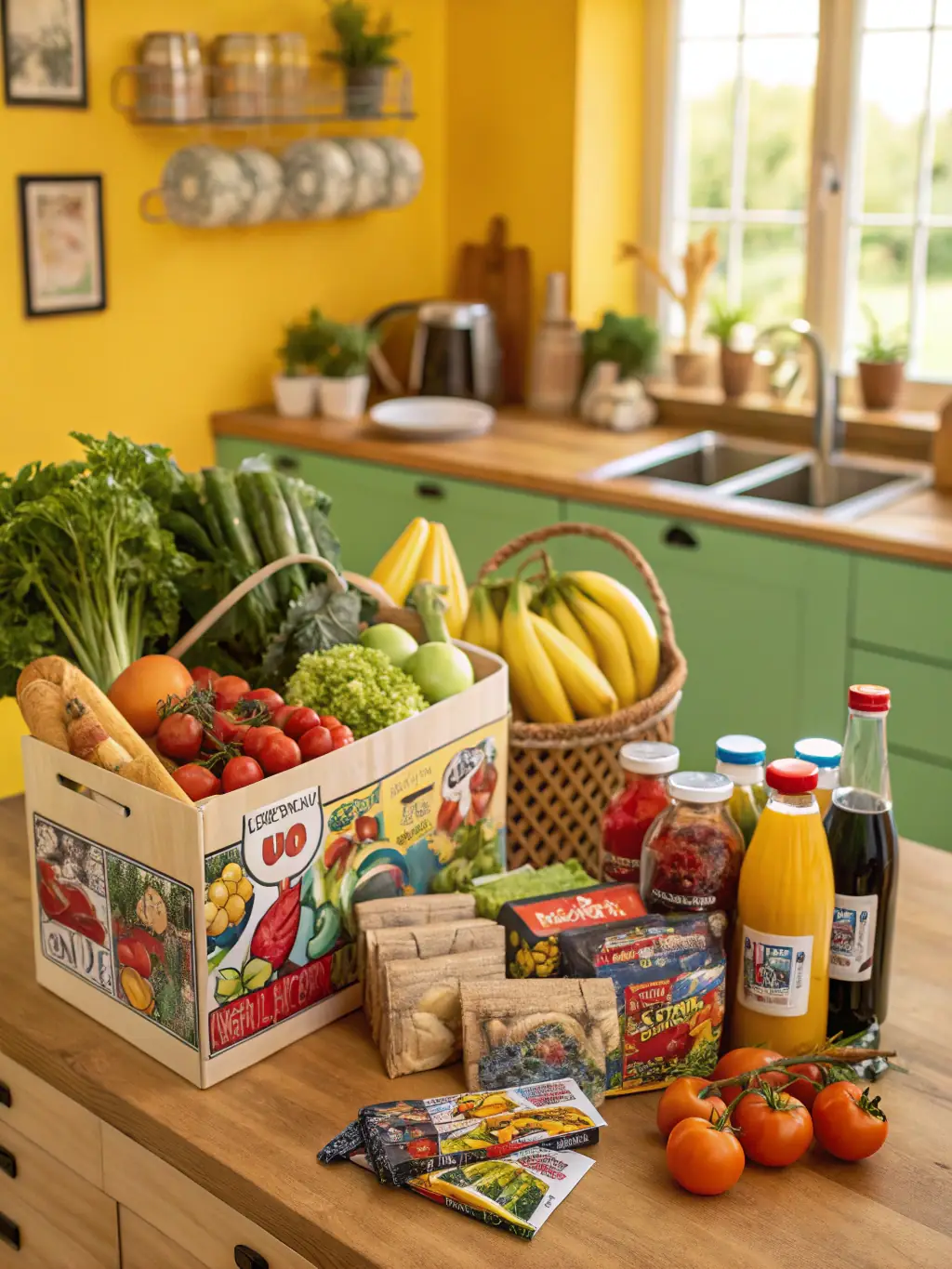 A vibrant image showcasing a variety of fresh produce, canned goods, and household items, representing grocery coupons. The scene should evoke a sense of abundance and savings.